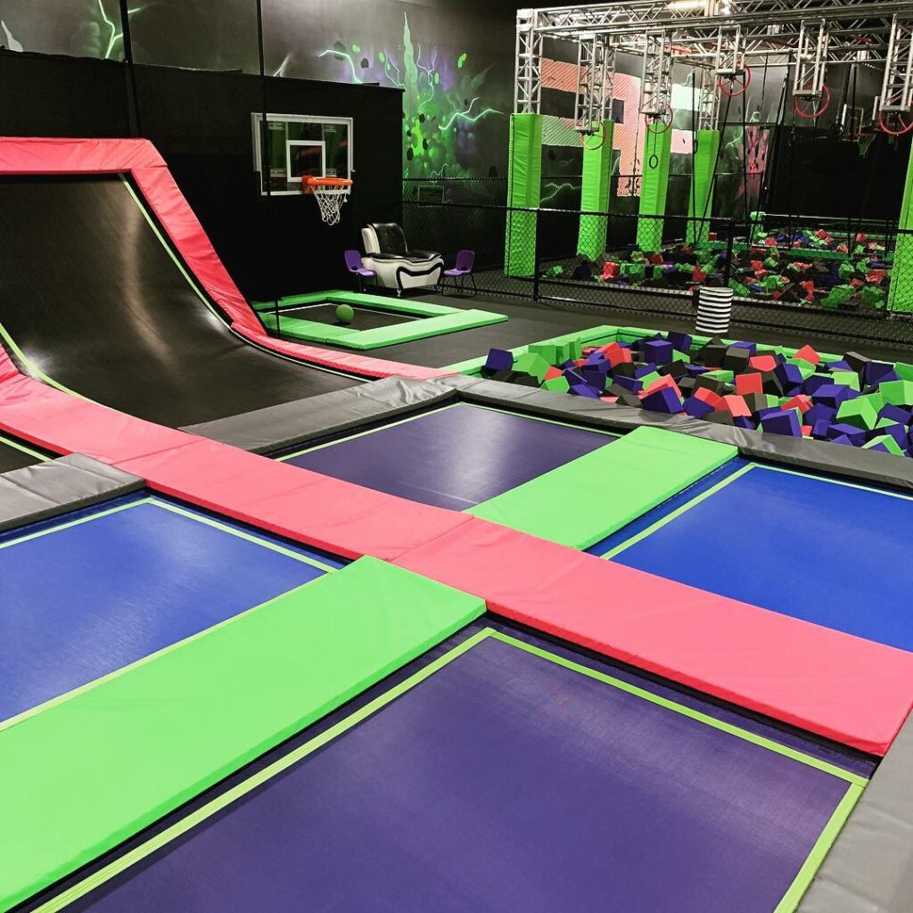 Interior, trampoline floor at Flip N Fly trampoline park Wilmington NC